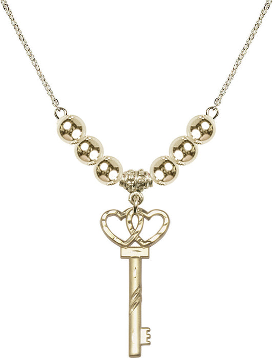 14kt Gold Filled Small Key w/Double Hearts Birthstone Necklace with Gold Filled Beads - 6213