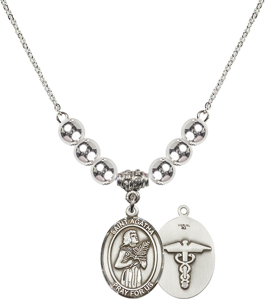 Sterling Silver Saint Agatha / Nurse Birthstone Necklace with Sterling Silver Beads - 8003