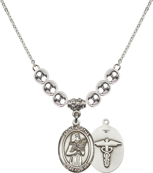 Sterling Silver Saint Agatha / Nurse Birthstone Necklace with Sterling Silver Beads - 8003