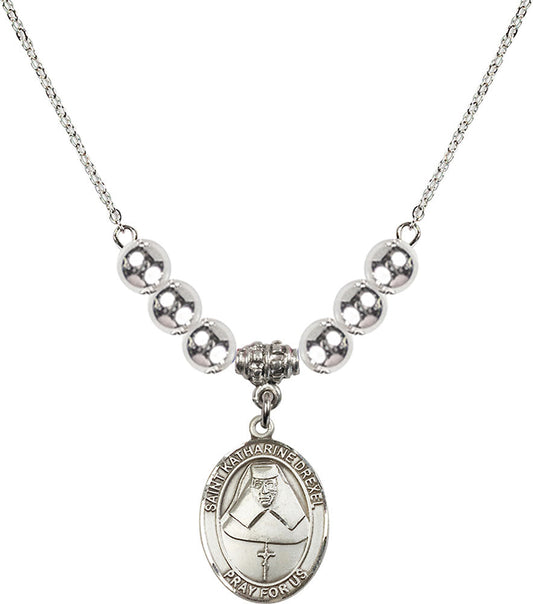 Sterling Silver Saint Katharine Drexel Birthstone Necklace with Sterling Silver Beads - 8015