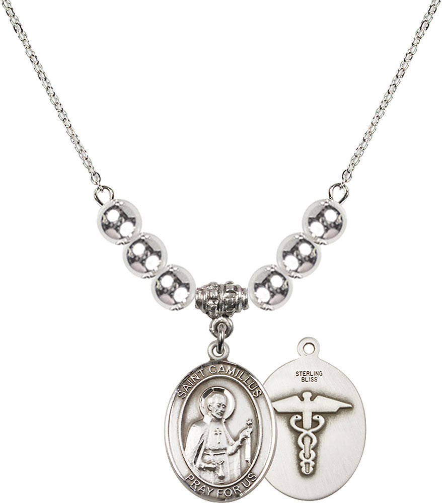 Sterling Silver Saint Camillus of Lellis / Nurse Birthstone Necklace with Sterling Silver Beads - 8019