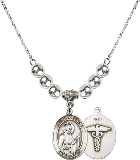 Sterling Silver Saint Camillus of Lellis / Nurse Birthstone Necklace with Sterling Silver Beads - 8019