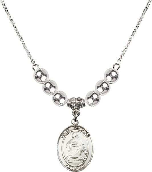 Sterling Silver Saint Charles Borromeo Birthstone Necklace with Sterling Silver Beads - 8020