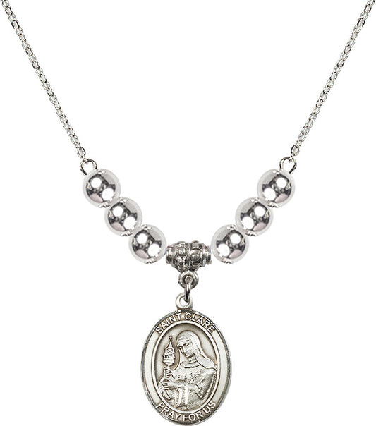 Sterling Silver Saint Clare of Assisi Birthstone Necklace with Sterling Silver Beads - 8028