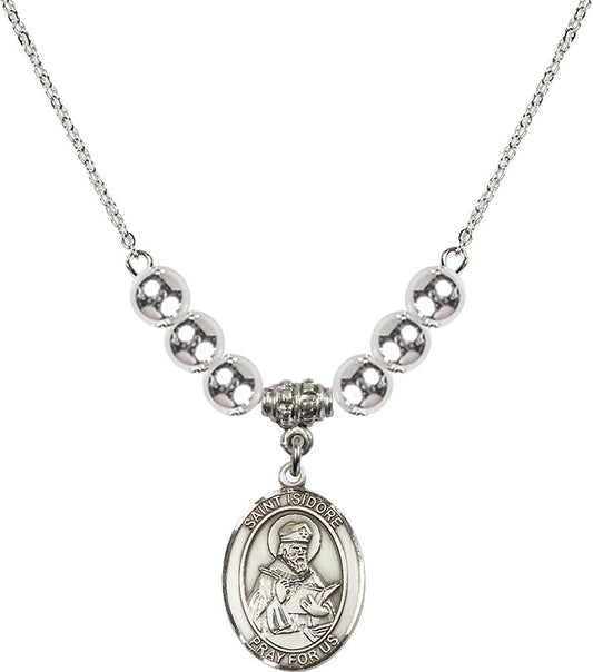 Sterling Silver Saint Isidore of Seville Birthstone Necklace with Sterling Silver Beads - 8049
