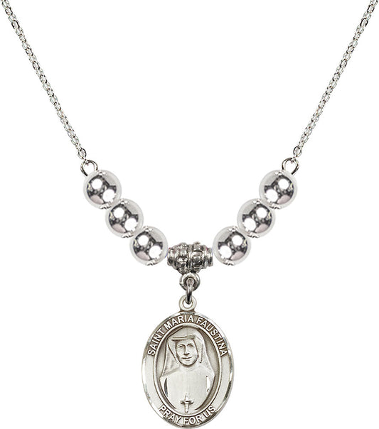 Sterling Silver Saint Maria Faustina Birthstone Necklace with Sterling Silver Beads - 8069