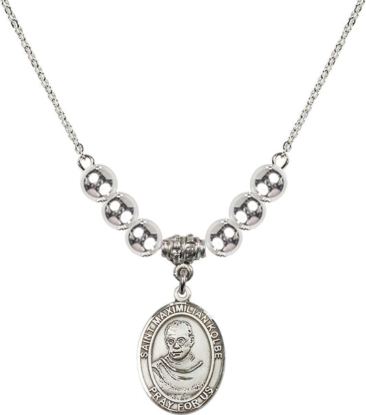 Sterling Silver Saint Maximilian Kolbe Birthstone Necklace with Sterling Silver Beads - 8073