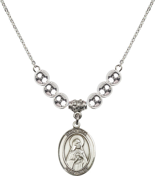 Sterling Silver Saint Rita of Cascia Birthstone Necklace with Sterling Silver Beads - 8094