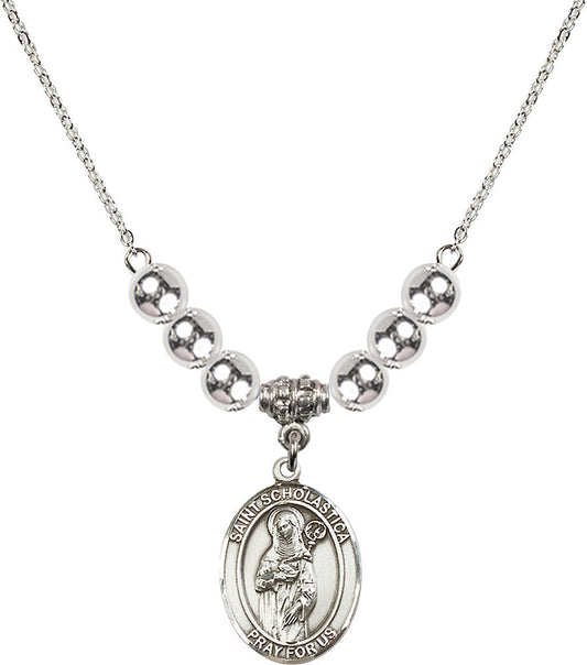 Sterling Silver Saint Scholastica Birthstone Necklace with Sterling Silver Beads - 8099