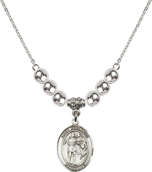 Sterling Silver Saint Sebastian Birthstone Necklace with Sterling Silver Beads - 8100