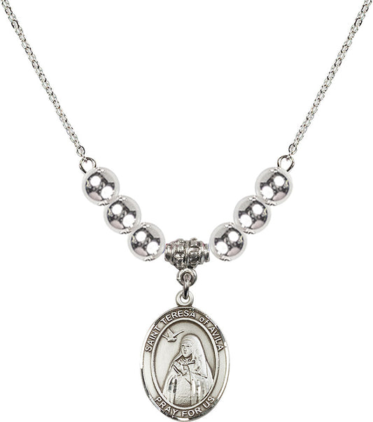 Sterling Silver Saint Teresa of Avila Birthstone Necklace with Sterling Silver Beads - 8102
