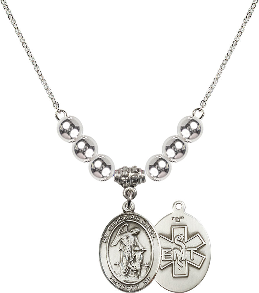 Sterling Silver Guardian Angel / EMT Birthstone Necklace with Sterling Silver Beads - 8118