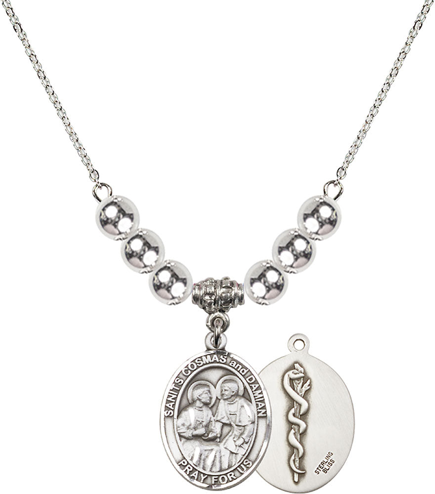 Sterling Silver Saints Cosmas & Damian / Doctors Birthstone Necklace with Sterling Silver Beads - 8132