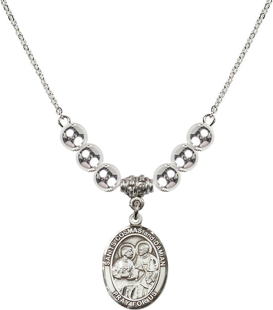 Sterling Silver Saints Cosmas & Damian Birthstone Necklace with Sterling Silver Beads - 8132