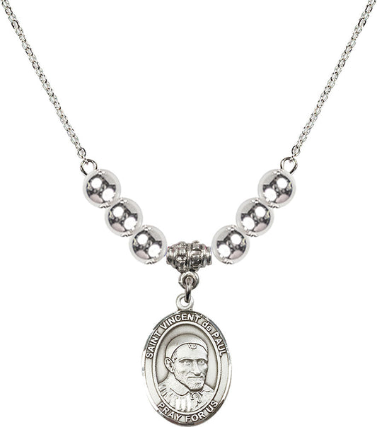 Sterling Silver Saint Vincent De Paul Birthstone Necklace with Sterling Silver Beads - 8134