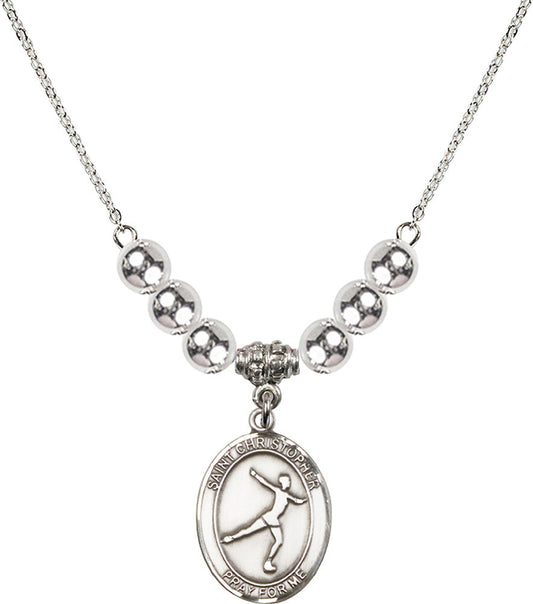 Sterling Silver Saint Christopher/Figure Skating Birthstone Necklace with Sterling Silver Beads - 8139