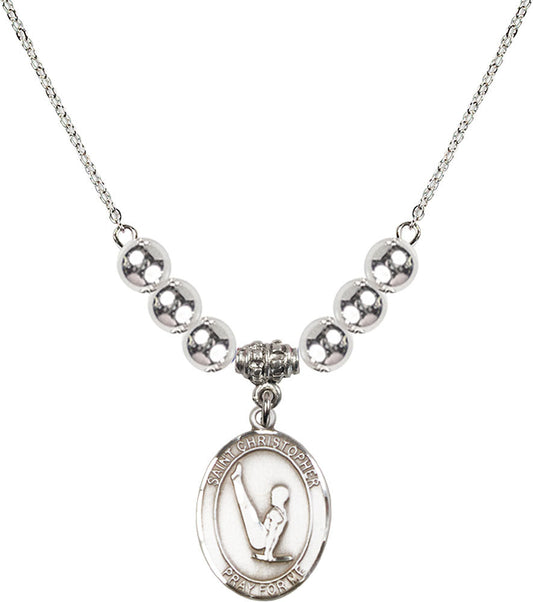 Sterling Silver Saint Christopher/Gymnastics Birthstone Necklace with Sterling Silver Beads - 8142