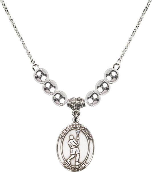 Sterling Silver Saint Christopher/Lacrosse Birthstone Necklace with Sterling Silver Beads - 8144