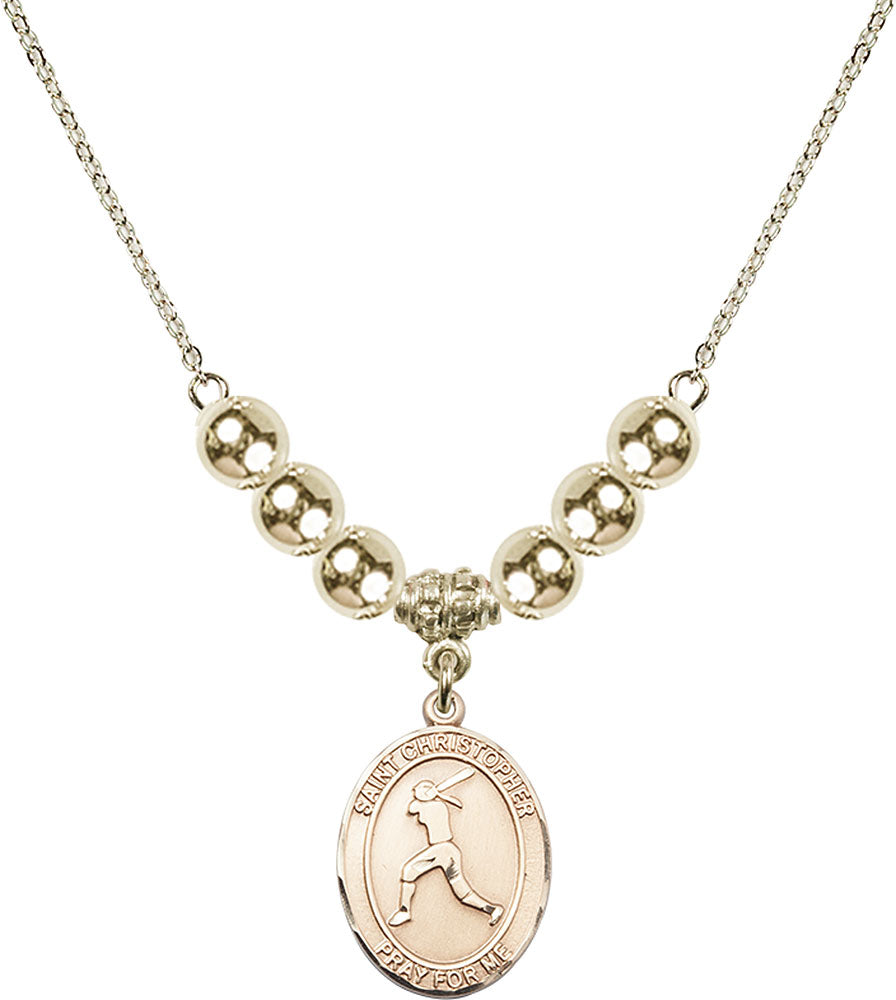 14kt Gold Filled Saint Christopher/Softball Birthstone Necklace with Gold Filled Beads - 8145