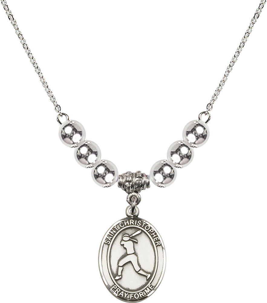 Sterling Silver Saint Christopher/Softball Birthstone Necklace with Sterling Silver Beads - 8145