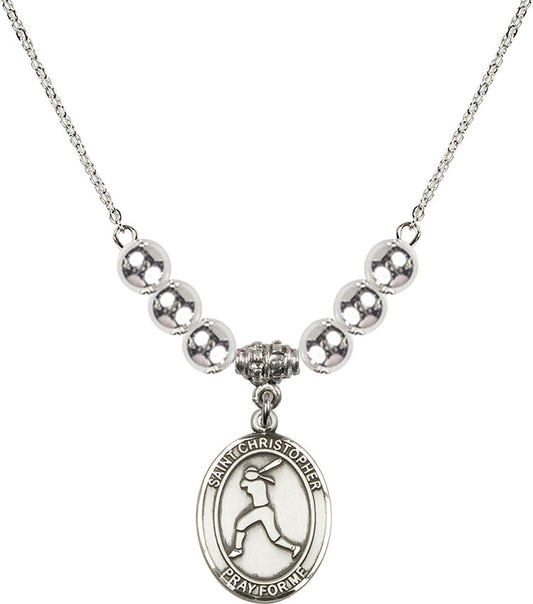 Sterling Silver Saint Christopher/Softball Birthstone Necklace with Sterling Silver Beads - 8145