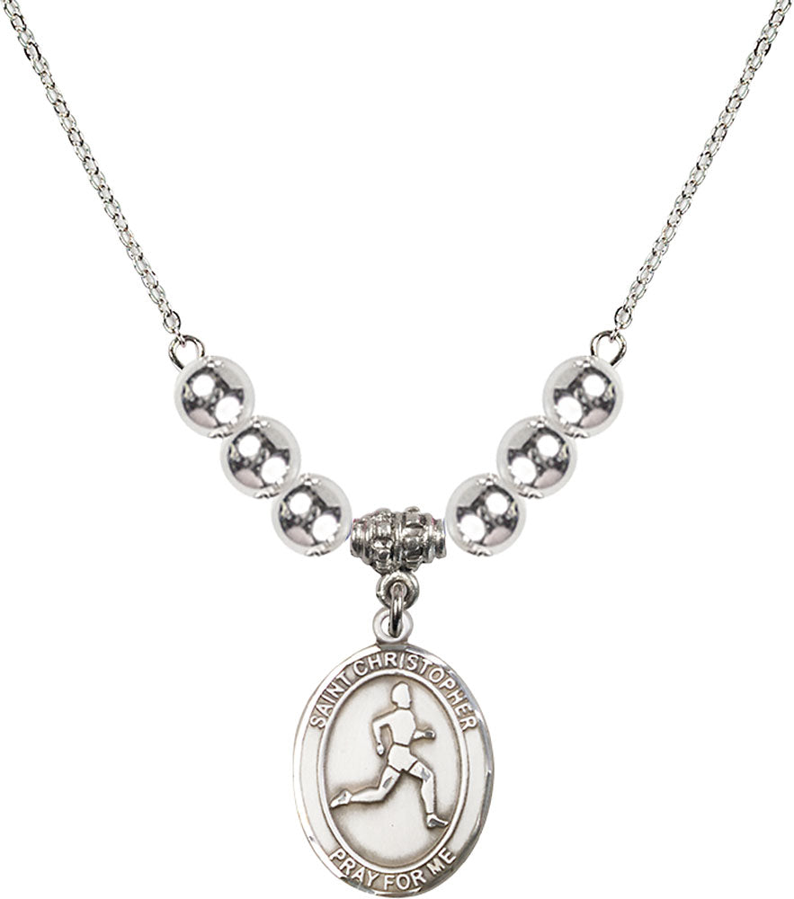 Sterling Silver Saint Christopher/Track & Field Birthstone Necklace with Sterling Silver Beads - 8149