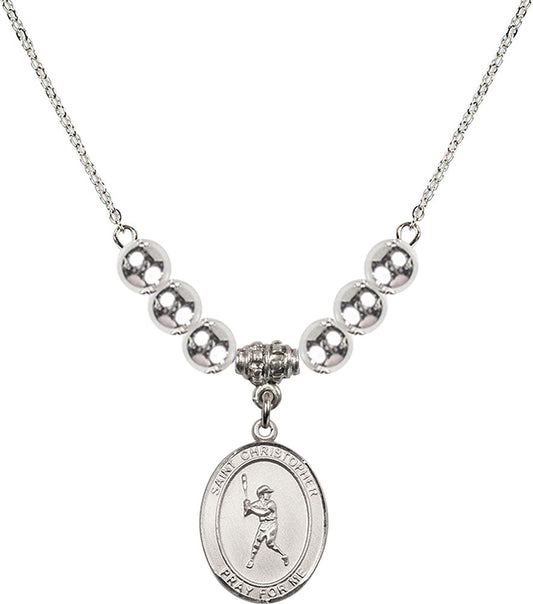 Sterling Silver Saint Christopher/Baseball Birthstone Necklace with Sterling Silver Beads - 8150