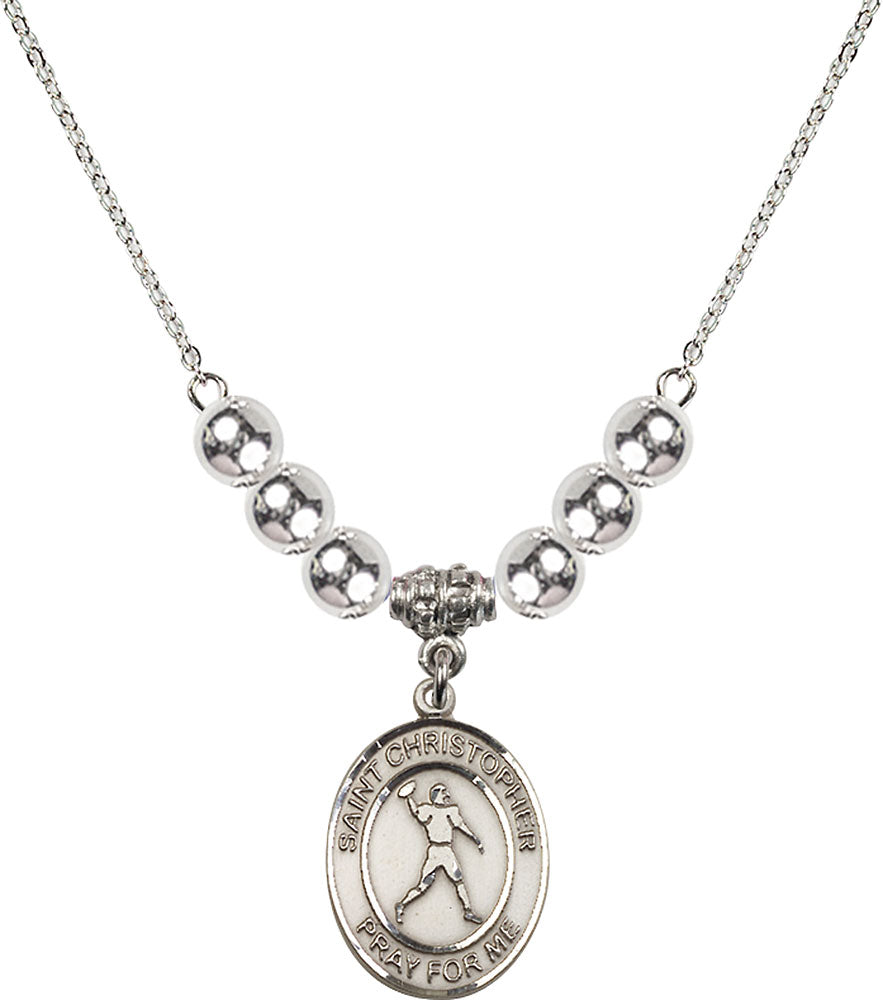 Sterling Silver Saint Christopher/Football Birthstone Necklace with Sterling Silver Beads - 8151