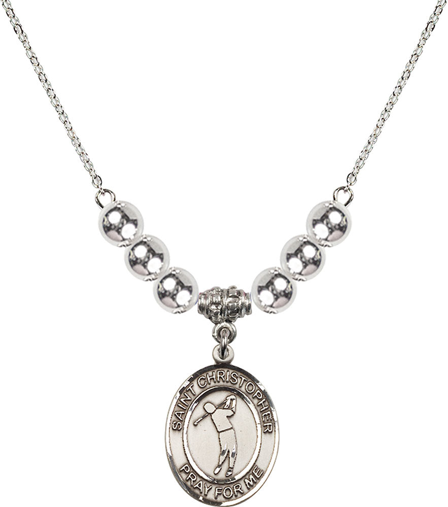 Sterling Silver Saint Christopher/Golf Birthstone Necklace with Sterling Silver Beads - 8152