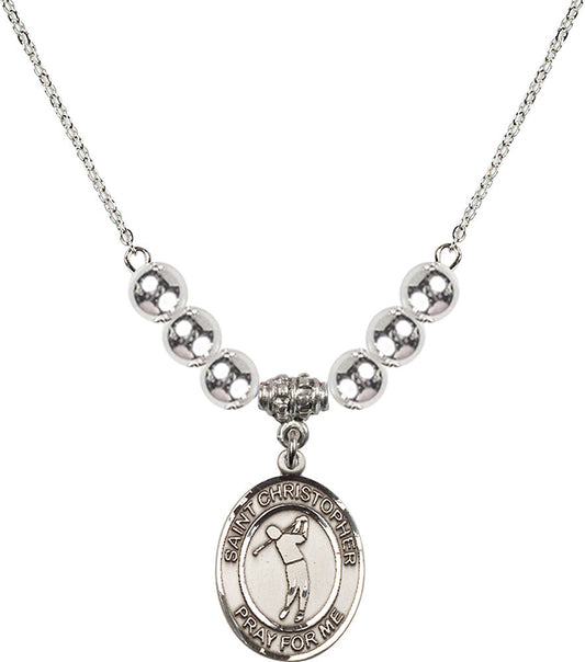 Sterling Silver Saint Christopher/Golf Birthstone Necklace with Sterling Silver Beads - 8152