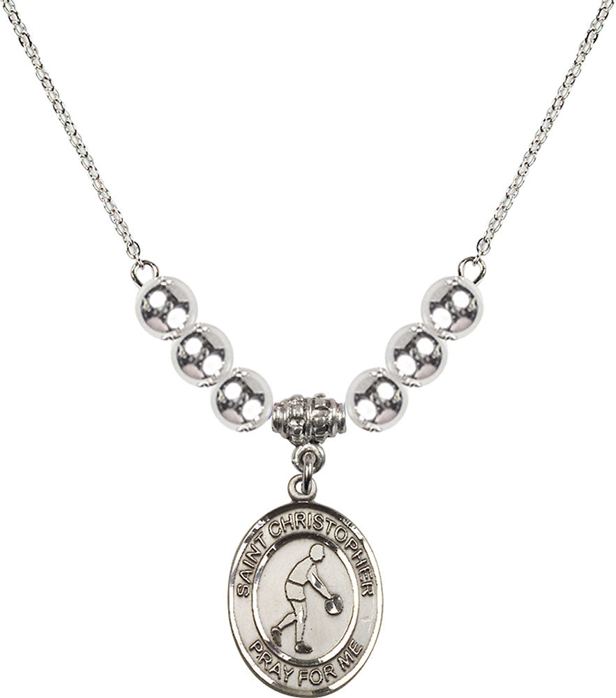 Sterling Silver Saint Christopher/Basketball Birthstone Necklace with Sterling Silver Beads - 8153