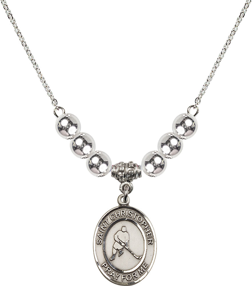 Sterling Silver Saint Christopher/Ice Hockey Birthstone Necklace with Sterling Silver Beads - 8155