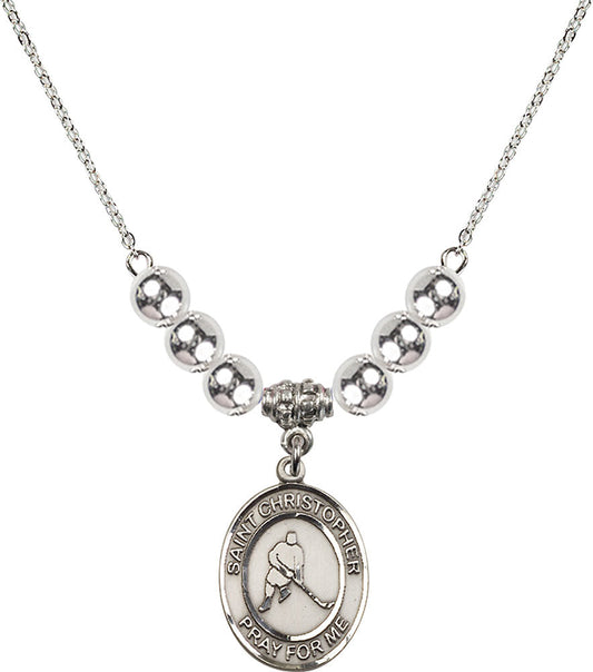 Sterling Silver Saint Christopher/Ice Hockey Birthstone Necklace with Sterling Silver Beads - 8155