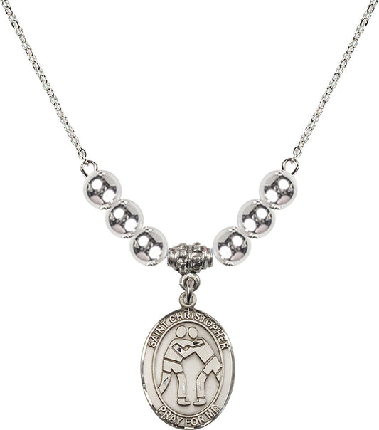 Sterling Silver Saint Christopher/Wrestling Birthstone Necklace with Sterling Silver Beads - 8159
