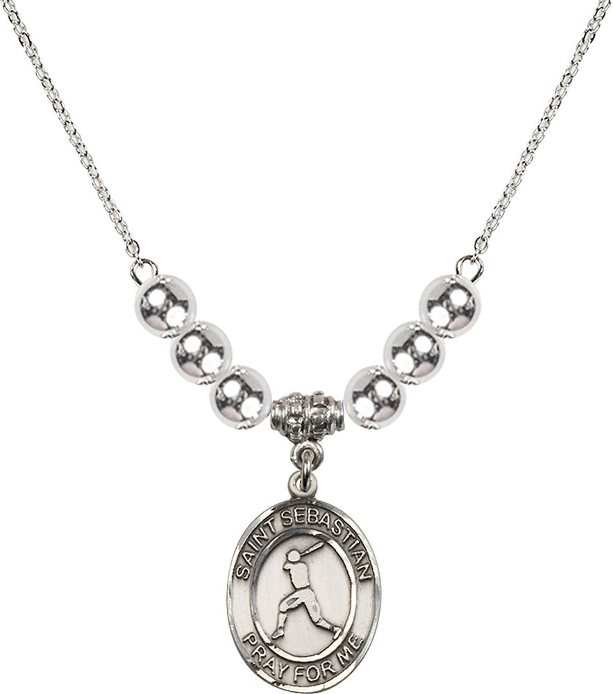 Sterling Silver Saint Sebastian/Baseball Birthstone Necklace with Sterling Silver Beads - 8160