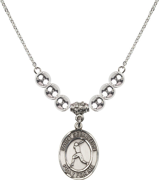 Sterling Silver Saint Sebastian/Baseball Birthstone Necklace with Sterling Silver Beads - 8160