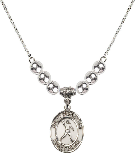 Sterling Silver Saint Sebastian/Football Birthstone Necklace with Sterling Silver Beads - 8161