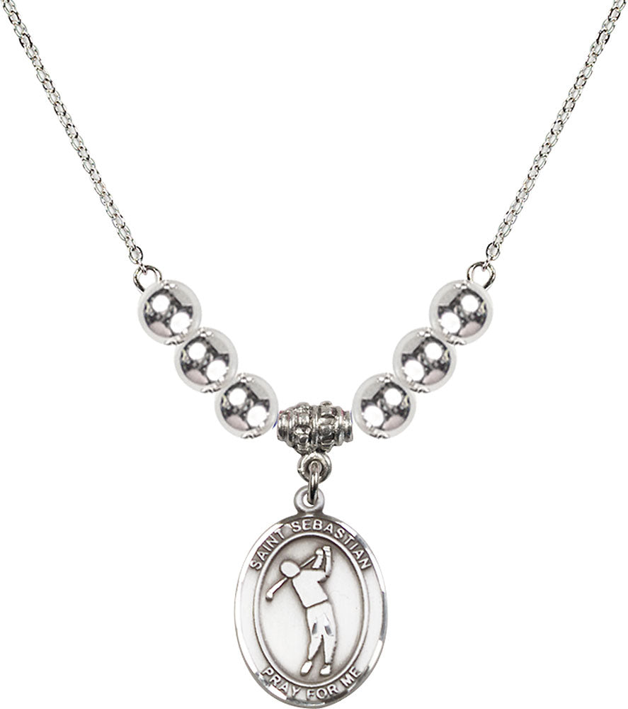 Sterling Silver Saint Sebastian/Golf Birthstone Necklace with Sterling Silver Beads - 8162