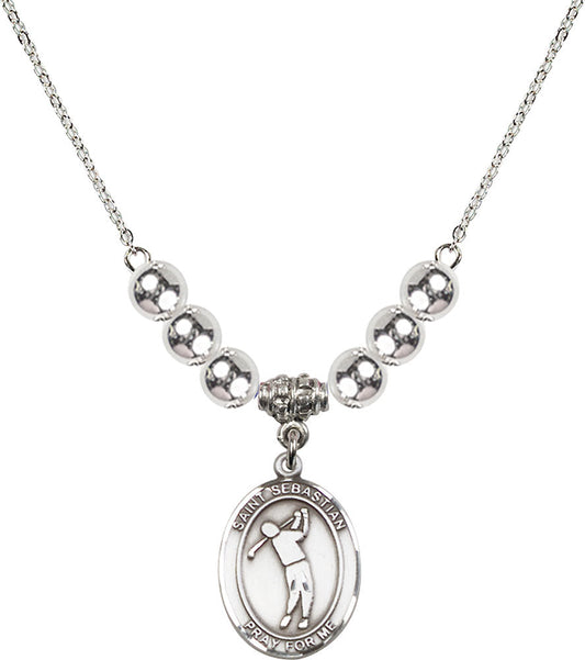 Sterling Silver Saint Sebastian/Golf Birthstone Necklace with Sterling Silver Beads - 8162