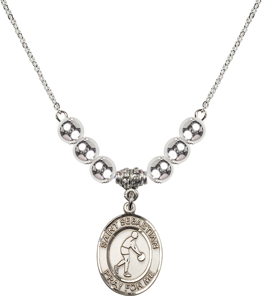 Sterling Silver Saint Sebastian/Basketball Birthstone Necklace with Sterling Silver Beads - 8163