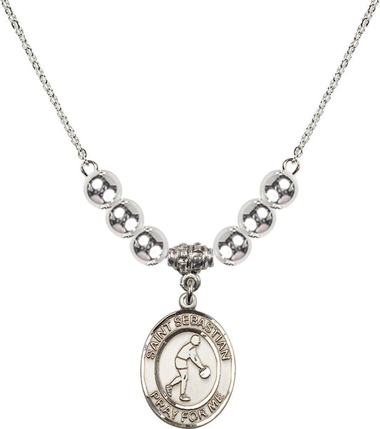 Sterling Silver Saint Sebastian/Basketball Birthstone Necklace with Sterling Silver Beads - 8163