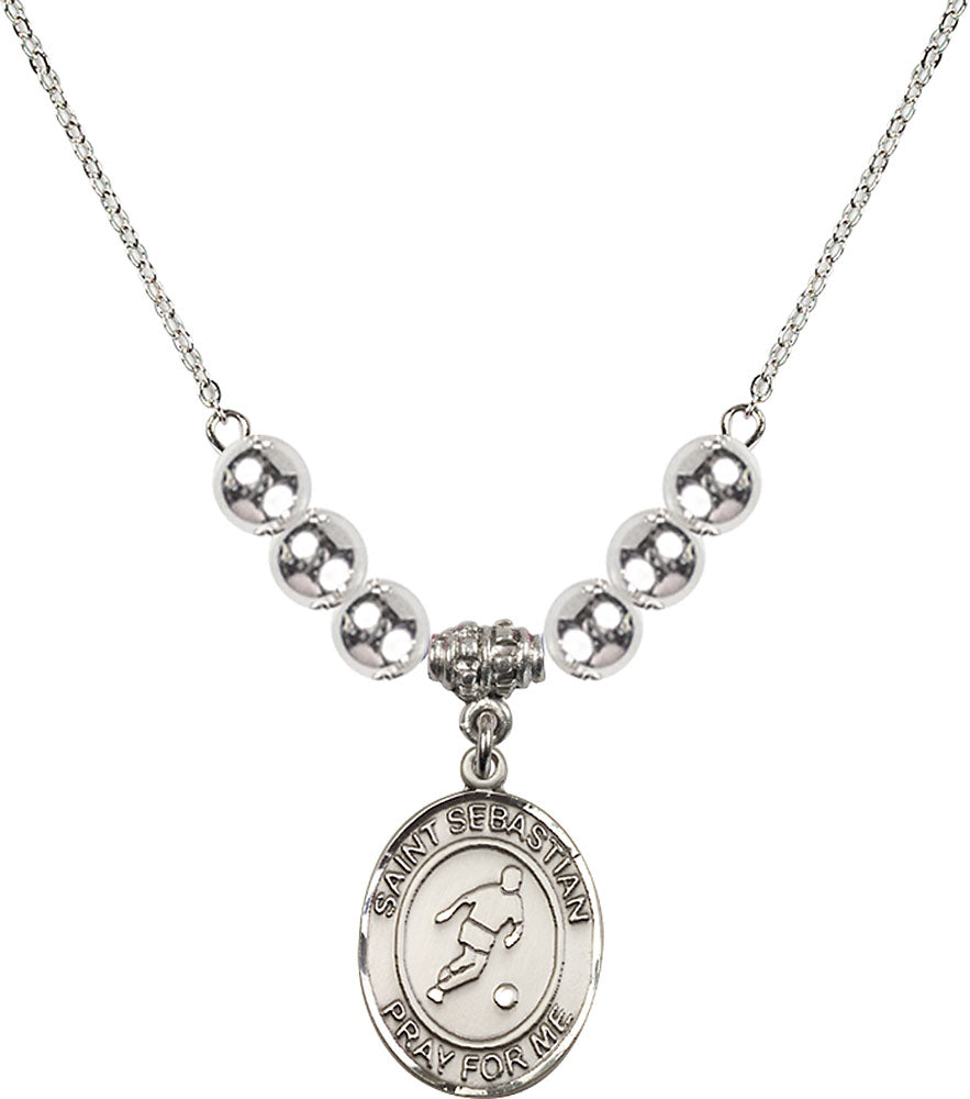 Sterling Silver Saint Sebastian/Soccer Birthstone Necklace with Sterling Silver Beads - 8164
