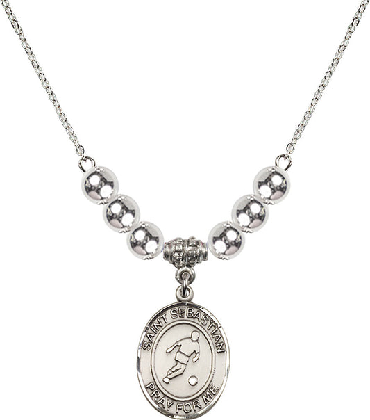 Sterling Silver Saint Sebastian/Soccer Birthstone Necklace with Sterling Silver Beads - 8164