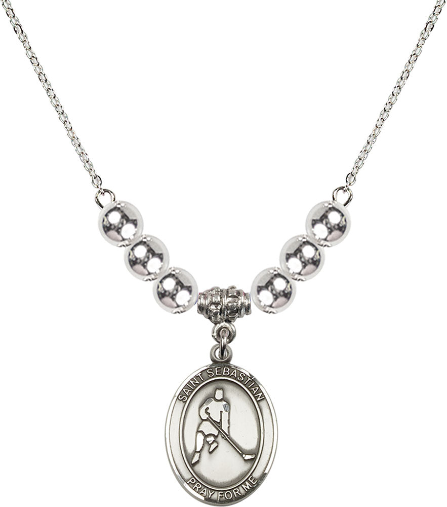 Sterling Silver Saint Sebastian/Ice Hockey Birthstone Necklace with Sterling Silver Beads - 8165