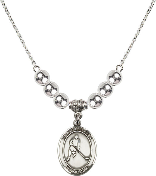 Sterling Silver Saint Sebastian/Ice Hockey Birthstone Necklace with Sterling Silver Beads - 8165