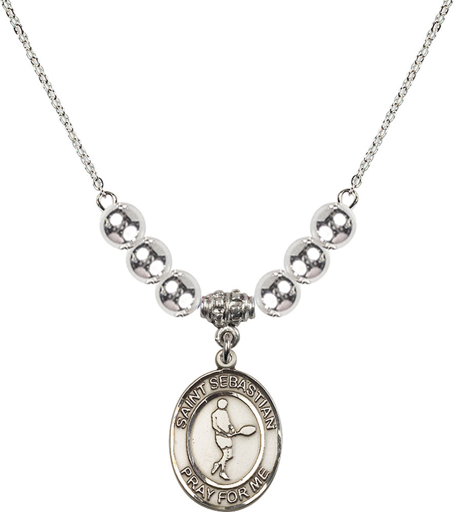 Sterling Silver Saint Sebastian/Tennis Birthstone Necklace with Sterling Silver Beads - 8166