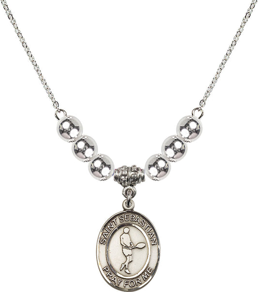 Sterling Silver Saint Sebastian/Tennis Birthstone Necklace with Sterling Silver Beads - 8166