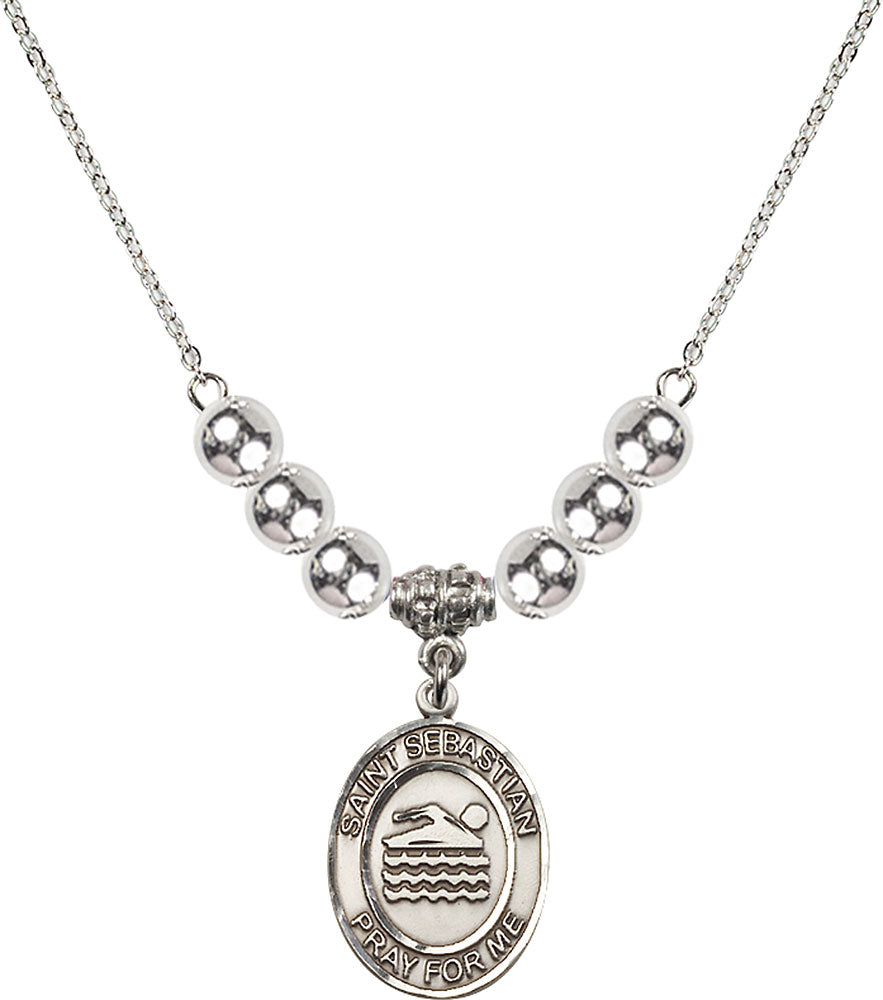 Sterling Silver Saint Sebastian/Swimming Birthstone Necklace with Sterling Silver Beads - 8167