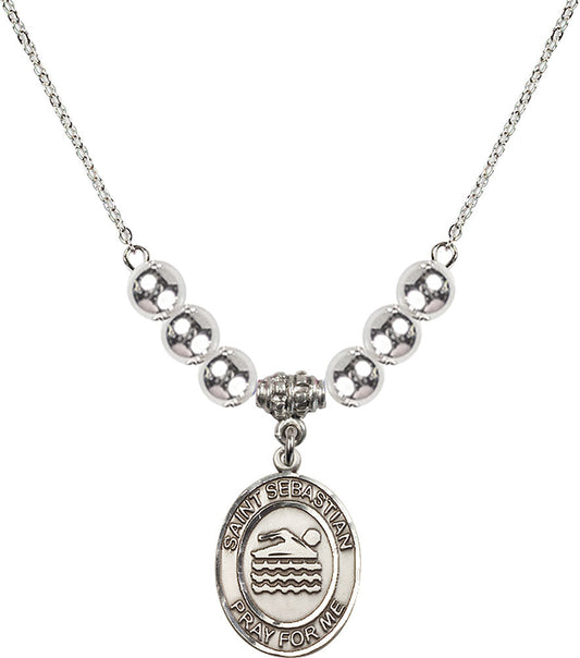 Sterling Silver Saint Sebastian/Swimming Birthstone Necklace with Sterling Silver Beads - 8167