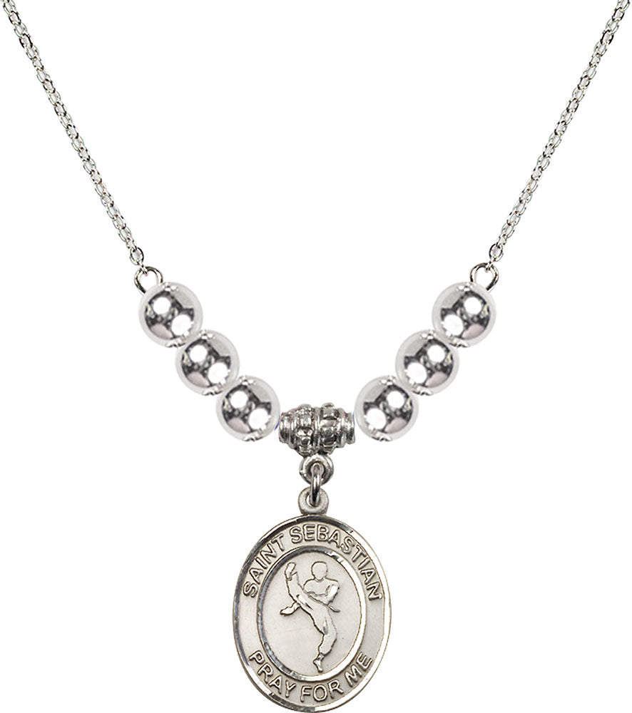 Sterling Silver Saint Sebastian/Martial Arts Birthstone Necklace with Sterling Silver Beads - 8168